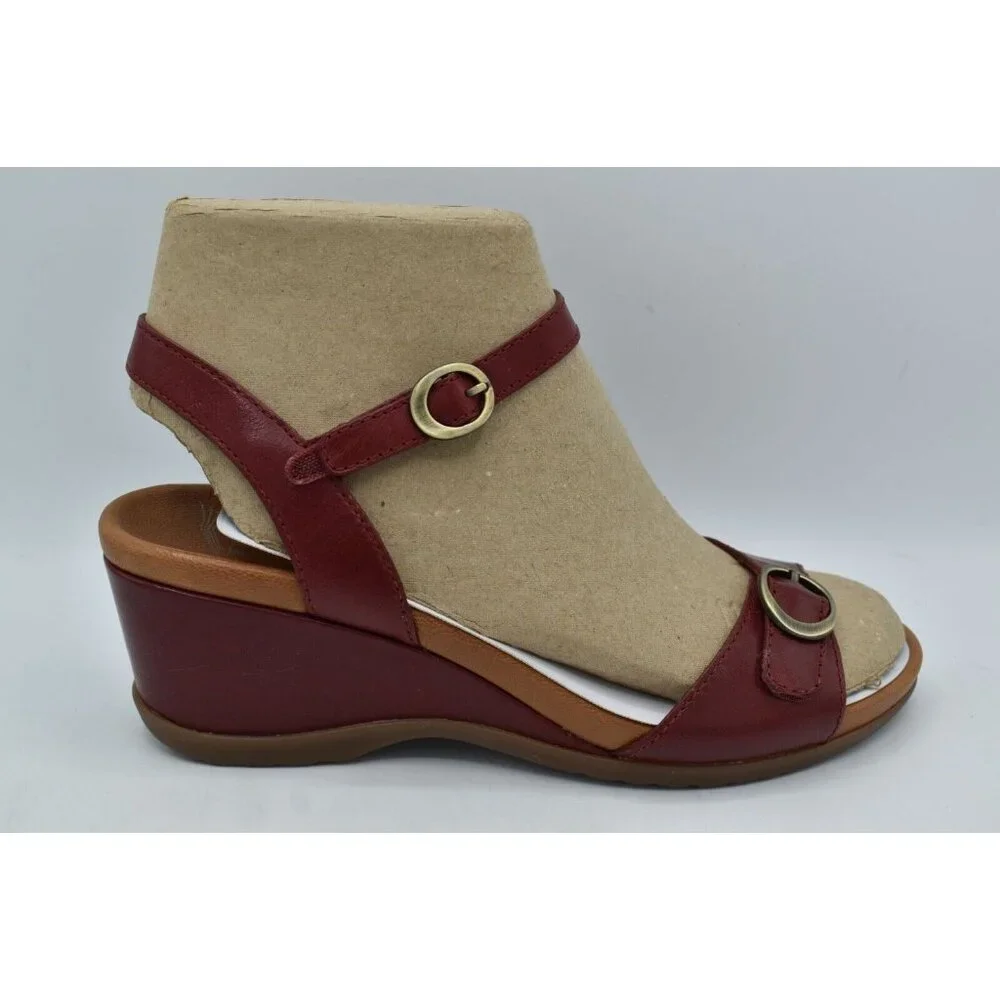 Dansko Womens EU 40 US 9.5-10 Arielle Red‎ Glazed Leather Wedge Open Toe Sandals